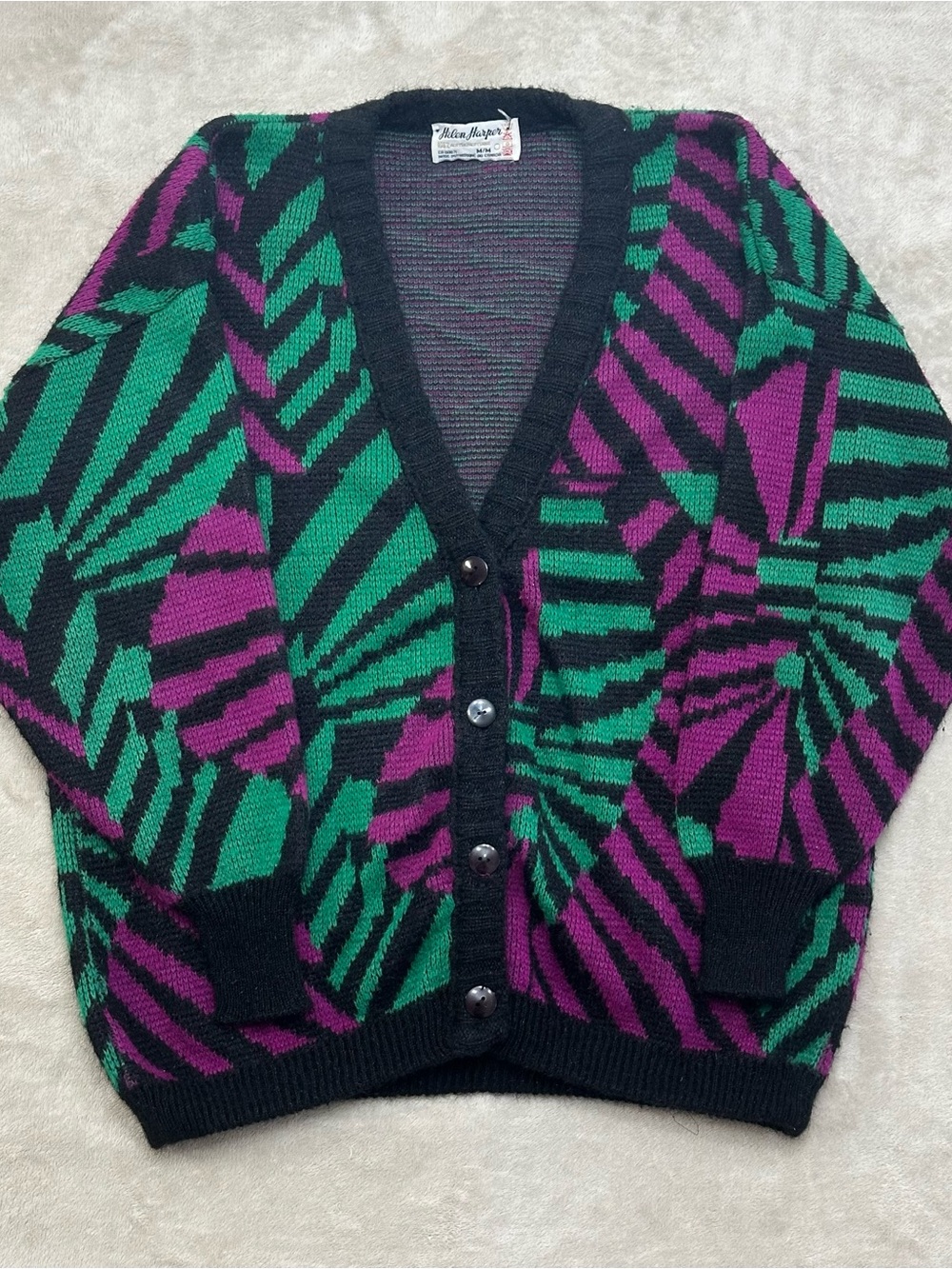 Vintage 80s 90s Helen Harper Geometric Cardigan Knit Sweater Purple Green M